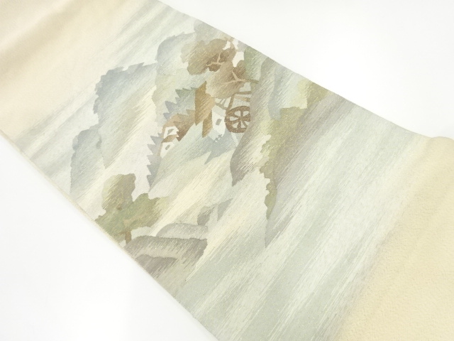 リサイクル　綴れすくい織家屋風景模様織出し袋帯